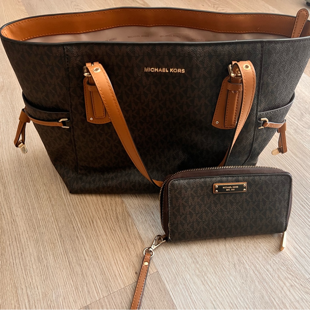 Michael Kors Dark Brown And Tan Tote With Wallet